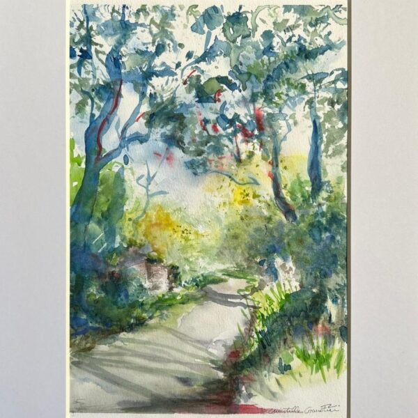 Aquarelle  - Sous les arbres -  Aquarelle sur papier  28,8 x 18,8 cm int. 40 x 30 cm ext.