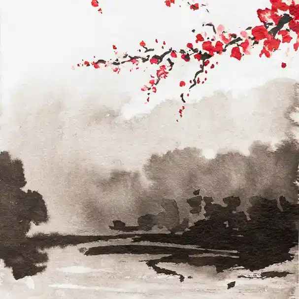Paysage fleurs de cerisier à l'encre