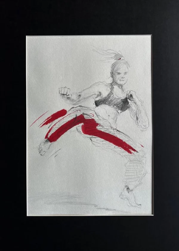 Dessin "Combattante, droit devant" - Arts Martiaux - Crayon et Encre sur papier - 20,5 x 29,4