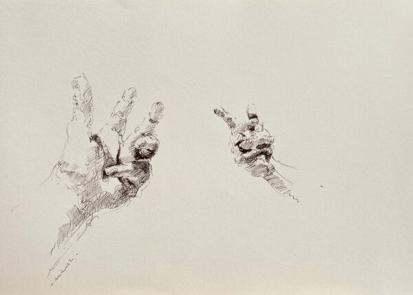 Dessin Mains miroir n°4 - Encre noire sur papier 29 x 40