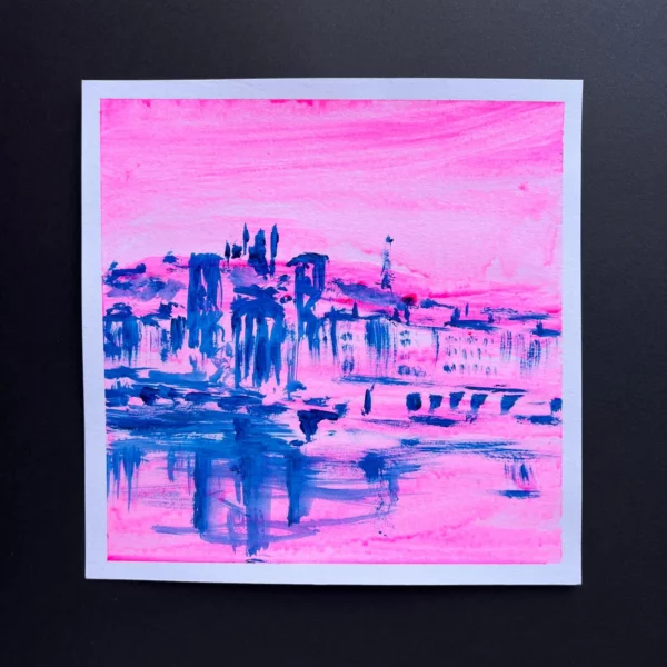 Lyon Fourvière St Jean Les quais de Saône, Pop rose - Acrylique sur papier - 20 x 20