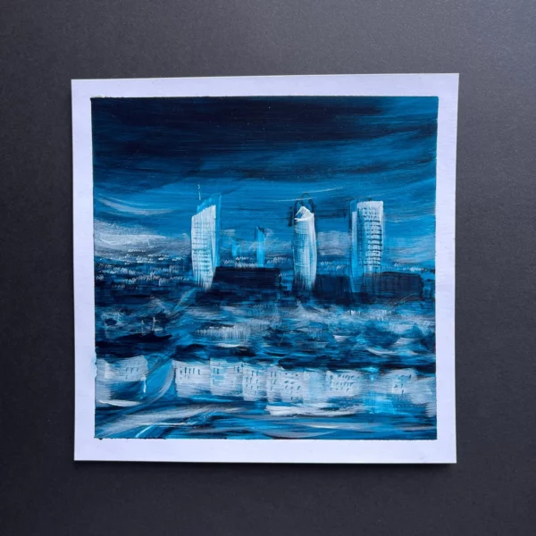 Lyon Tours dans la nuit - Acrylique sur papier - 20 x 20