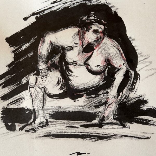 Dessin "Sumotori - Rikishi I - Arts Martiaux" Pierre noire, crayon rouge et encre de Chine sur papier 29,7 × 24 cm