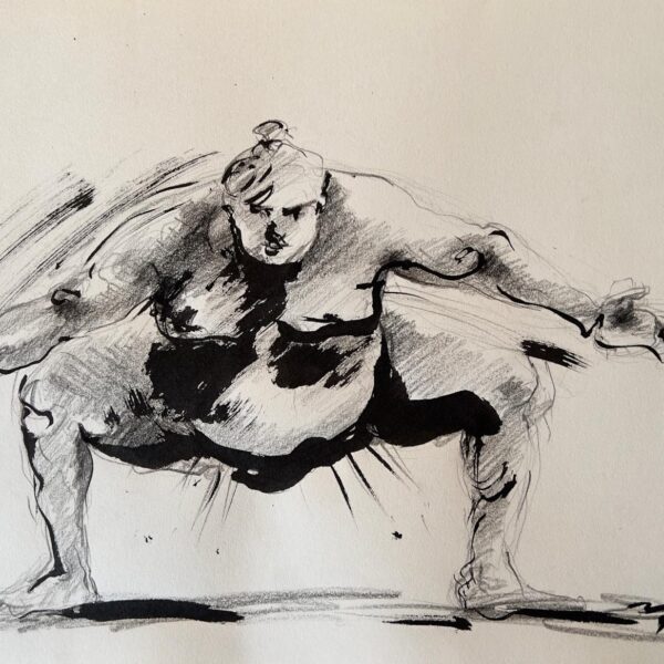 Dessin "Lutteur de sumo Sumotori - Rikishi  III - Arts Martiaux" à la pierre noire et encre de Chine sur papier 29,7 × 40 cm