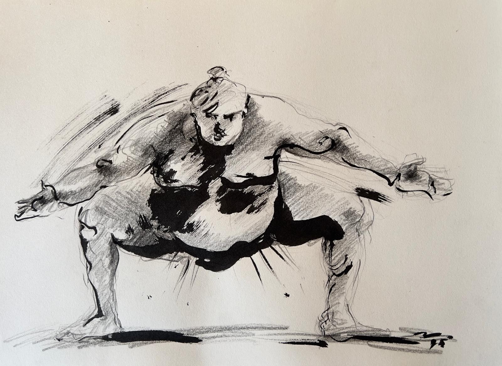 Dessin "Lutteur de sumo Sumotori - Rikishi III - Arts Martiaux" à la pierre noire et encre de Chine sur papier 29,7 × 40 cm