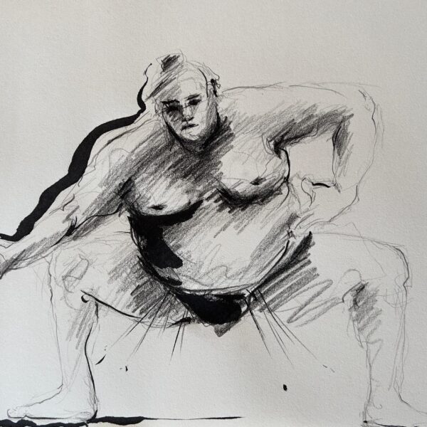 Dessin "Lutteur de sumo Sumotori - Rikishi  IV - Arts Martiaux" à la pierre noire et encre de Chine sur papier 29,7 × 40 cm