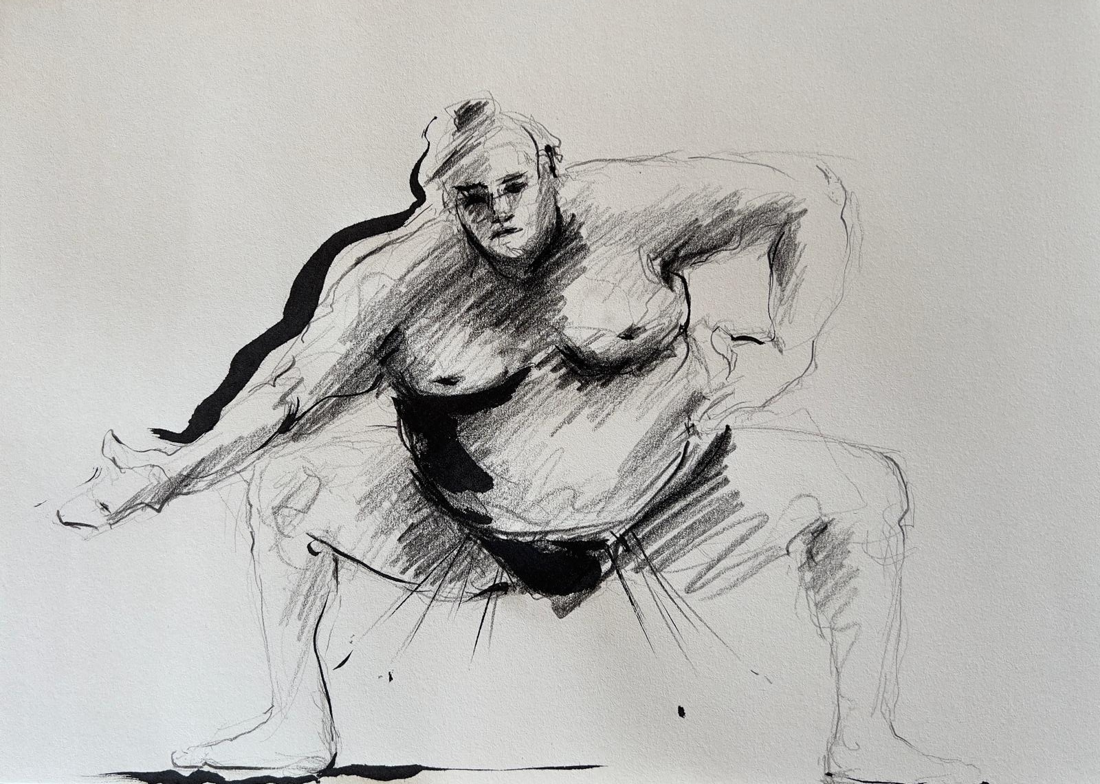 Dessin "Lutteur de sumo Sumotori - Rikishi IV - Arts Martiaux" à la pierre noire et encre de Chine sur papier 29,7 × 40 cm