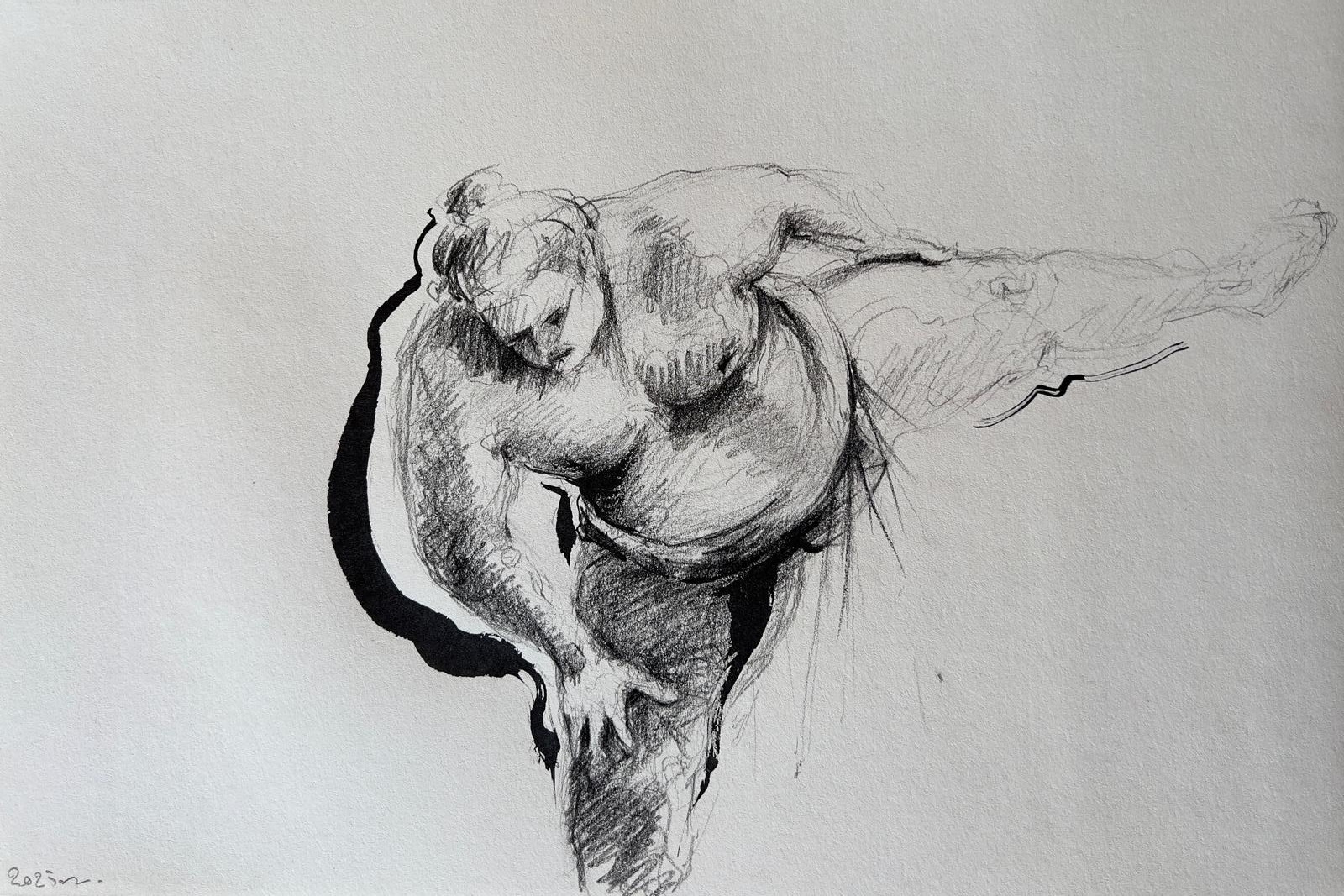 Dessin "Lutteur de sumo Sumotori - Rikishi V - Arts Martiaux" à la pierre noire et encre de Chine sur papier 29,7 × 40 cm