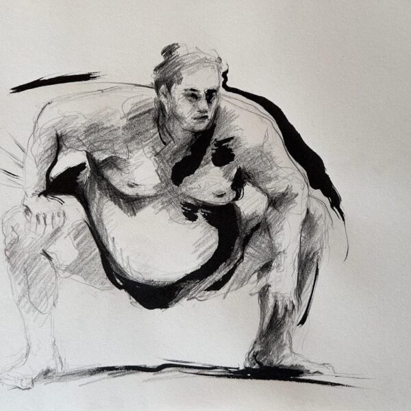 dessin "Lutteur de sumo Sumotori - Rikishi  VI - Arts Martiaux" Pierre noire et encre de Chine sur papier 29,7 × 40 cm