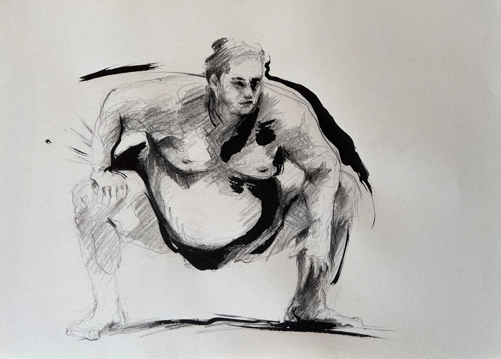 dessin "Lutteur de sumo Sumotori - Rikishi VI - Arts Martiaux" Pierre noire et encre de Chine sur papier 29,7 × 40 cm