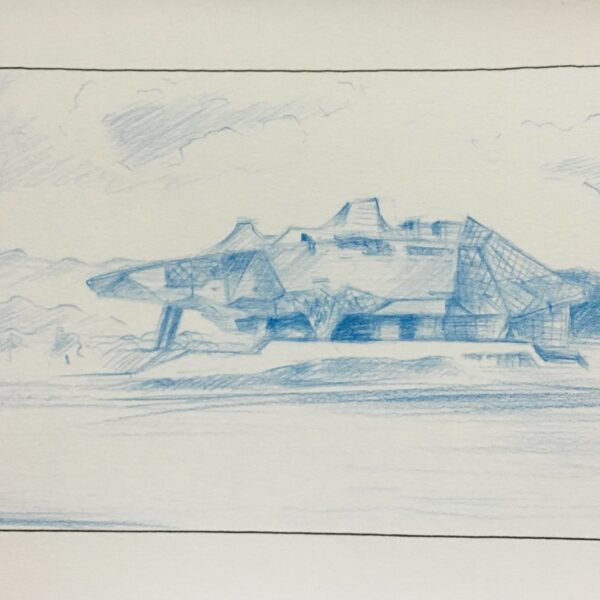 Dessin - LYON - Musée des Confluences - Crayon bleu sur papier - 14,5 x 23