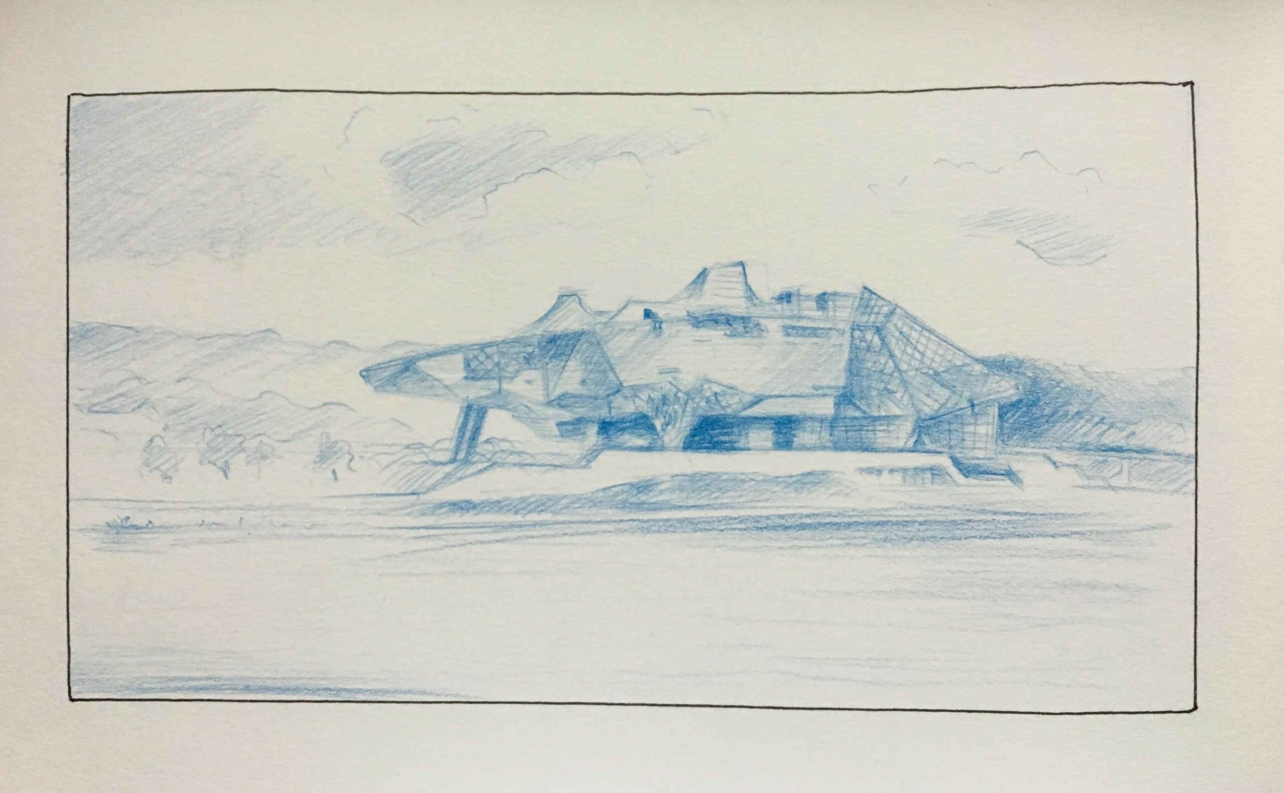 Dessin - LYON - Musée des Confluences - Crayon bleu sur papier - 14,5 x 23