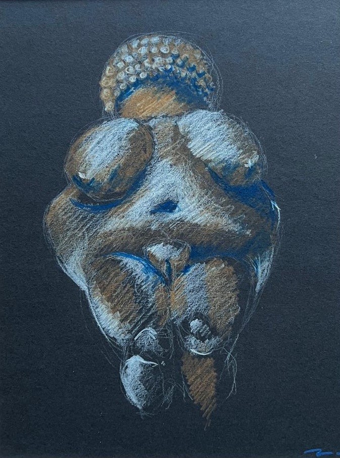Dessin - Les Plantureuses - Vénus de Willendorf - Crayon sur papier noir - 16,5 x 21 cm