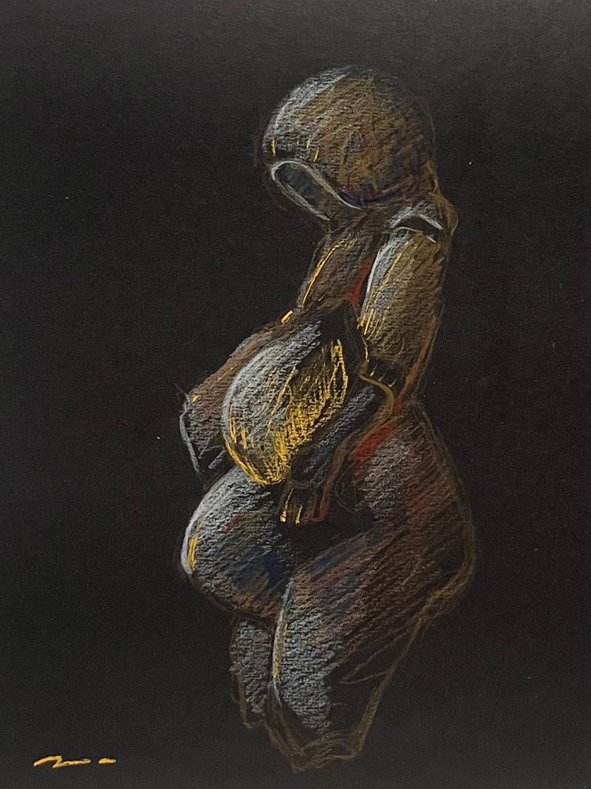 Dessin - Les Plantureuses - Vénus paléolithique - Crayon sur papier noir - 18,5 x 21 cm
